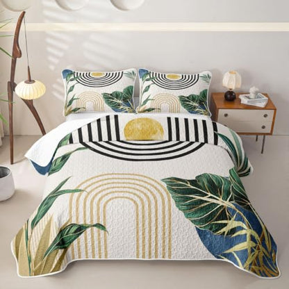 Boho Navy Blue and Green Quilt Set - Light Blue Abstract Bedspread, Queen Size