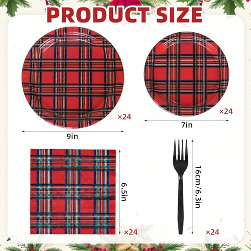 Whaline Christmas Plaid Disposable Tableware Set for 24 Guests - Red Gingham Party Supplies