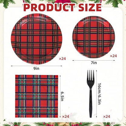 Whaline Christmas Plaid Disposable Tableware Set for 24 Guests - Red Gingham Party Supplies