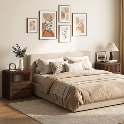 Walnut Fluted Nightstand Set of 2 with 3 Drawers - 24.4 in Tall End Tables