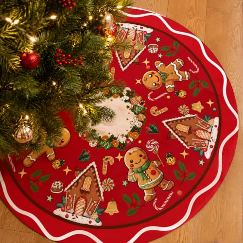Christmas Tree Skirt 47 Inch Red Gingerbread House Candy Cane Decor