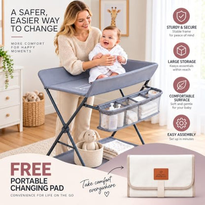 Baby Changing Table with Wheels, Portable Foldable Diaper Station, Adjustable Height Nursery Organizer