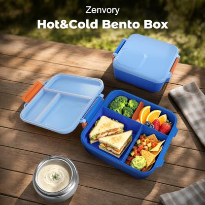 Kids Lunch Box Bento Set with 4 Compartments and 8oz Food Jar - Blue