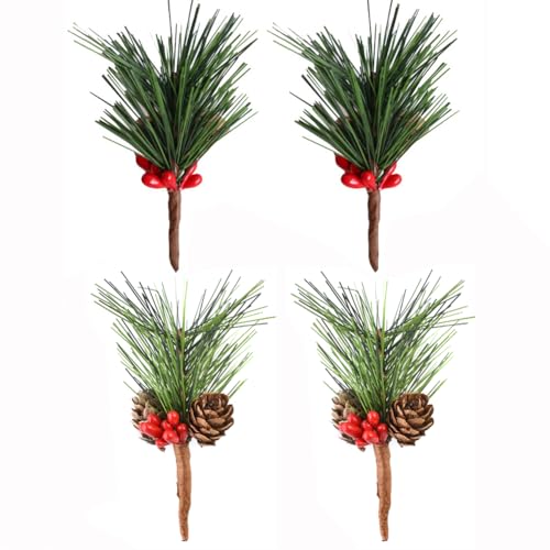 Artificial Christmas Pine Branches with Red Berries and Green Leaves - 4PCS Holiday Decor