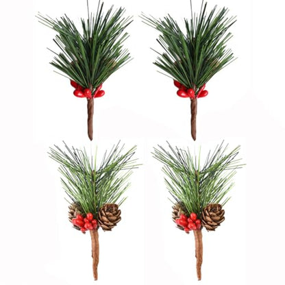 Artificial Christmas Pine Branches with Red Berries and Green Leaves - 4PCS Holiday Decor