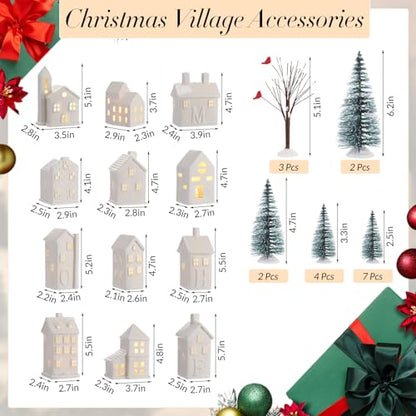White Christmas Village Set with LED Houses & Trees - 30 Pieces, Rich Style