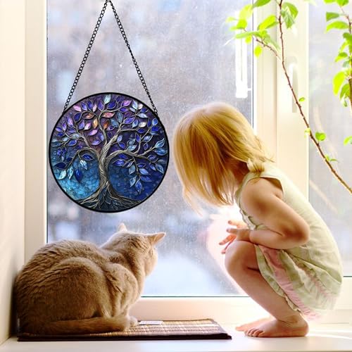Blue Purple Tree of Life Stained Glass Window Hanging Suncatcher 7.8 Inch - Vibrant Home Decor