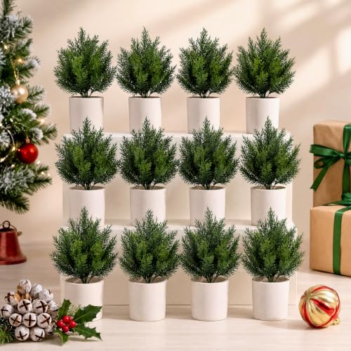 Christmas Mini Cedar Ball Tree Set - White, 12 Pack Artificial Decor