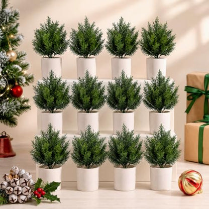 Christmas Mini Cedar Ball Tree Set - White, 12 Pack Artificial Decor