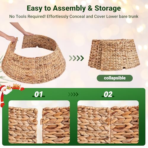 28 Inch Woven Rattan Christmas Tree Collar - Natural, 5-Piece Xmas Tree Skirt