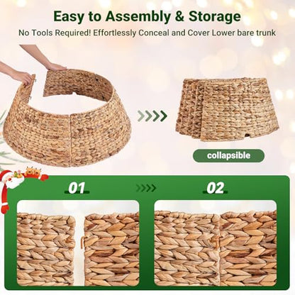 28 Inch Woven Rattan Christmas Tree Collar - Natural, 5-Piece Xmas Tree Skirt