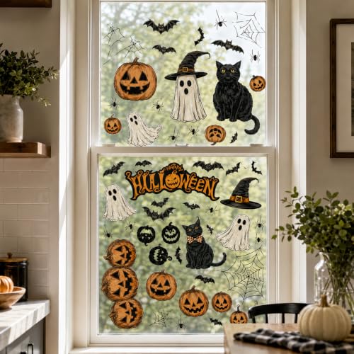 Halloween Window Clings Stickers Set - Ghost, Pumpkin, Bat & Spider Web - Style 14
