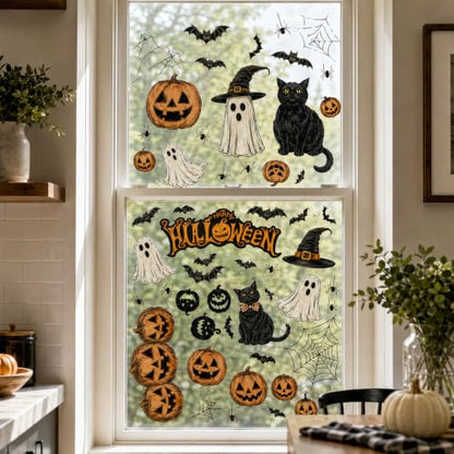 Halloween Window Clings Stickers Set - Ghost, Pumpkin, Bat & Spider Web - Style 14