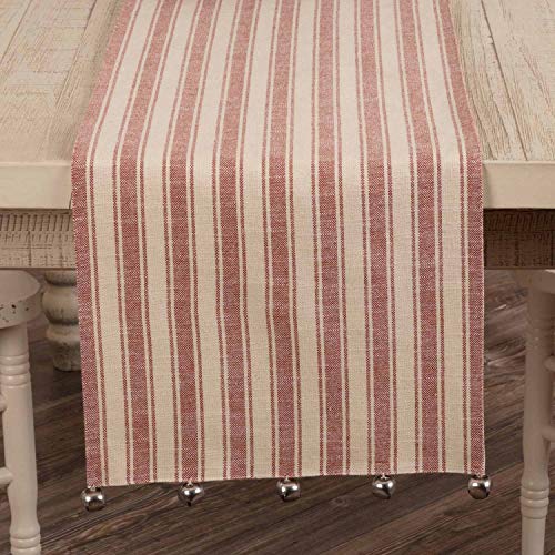 Sleigh Bells Ring Ticking Stripe Farmhouse Christmas Table Runner 90" - Red & Cream with Bells