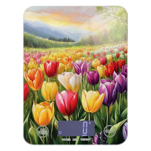 QwThum Food Scale Kitchen Digital Scale Food Ounces and Grams Dieting Baking Cooking Waterproof Glass Panels LCD Display,4 Units Scale Tare Function Cartoon Tulips