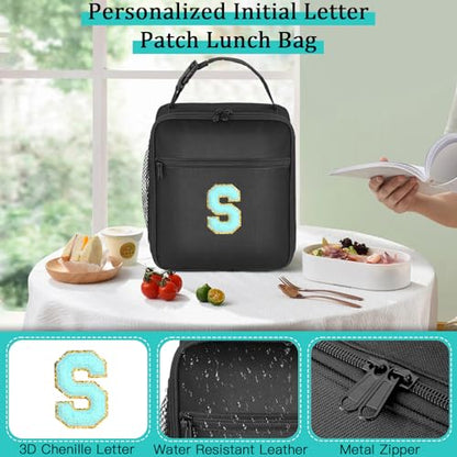 SANBADA Initial Insulated Lunch Bag, Lunch Box with Initial Letter Patch for Teen Adult, Reusable Lunch Bag for Men Women, Ideal Back to School Gift Birthday Gift, Pink T