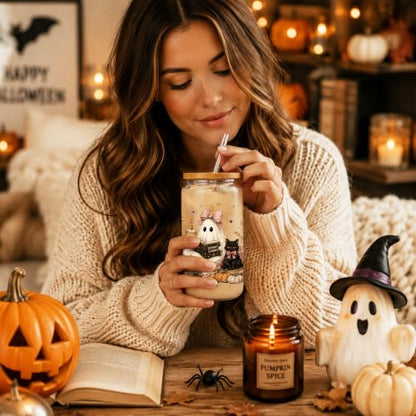 Halloween Glass Cup with Lid & Straw - Ghostbook Design, 16oz Book Lover Gift