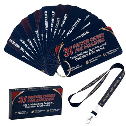 Prayer Cards for Athletes Set with Ring and Lanyard - 31 Pages on 17 Cards - Sports Prayer Support