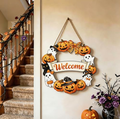 Halloween Wreath Door Decor with Pumpkin and Ghost - Fall Front Door Hanging
