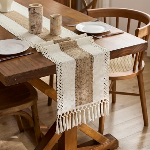 Beige Farmhouse Macrame Table Runner 12x90 Inch for Fall Home Decor