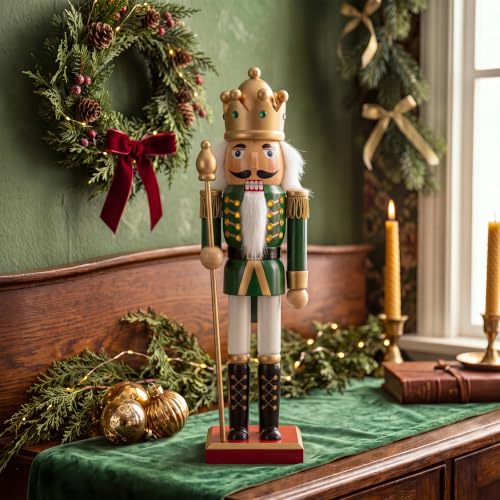 Christmas Nutcracker Decor 12 Inch Wooden Soldier Figurine - Green Gold Variation