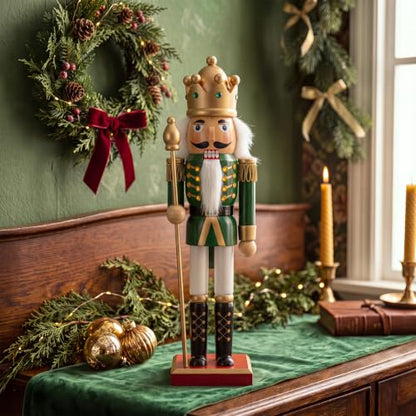 Christmas Nutcracker Decor 12 Inch Wooden Soldier Figurine - Green Gold Variation