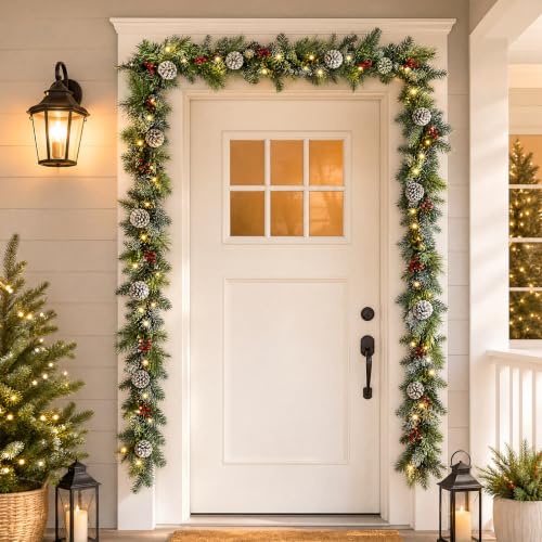 9ft Flocked Artificial Christmas Garland with Lights, Pre-Lit Snow-Frosted Decor