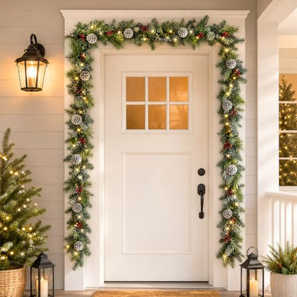 9ft Flocked Artificial Christmas Garland with Lights, Pre-Lit Snow-Frosted Decor