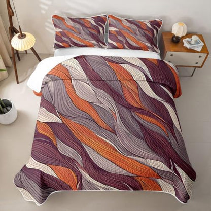 Geometrical Abstract Waves Quilt Set Queen Size - Orange Grey Red | Bohemian Lines Coverlet