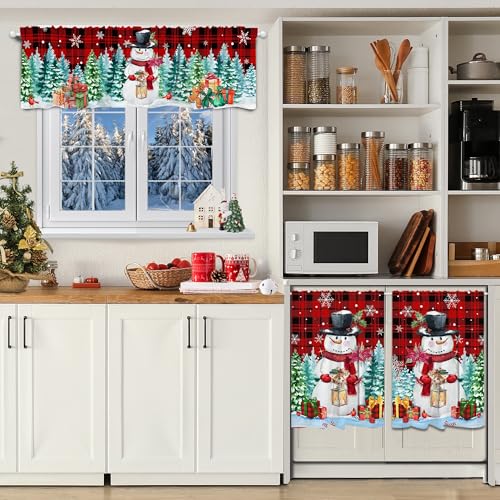Snowman Christmas Kitchen Curtains Set with Valance - Snowmantree, 54"W x 24"L