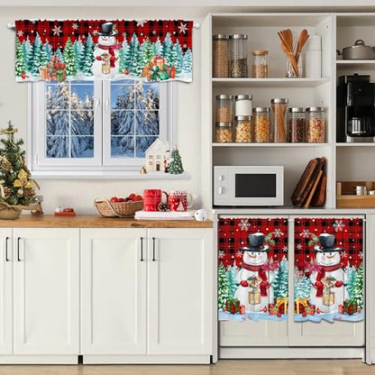 Snowman Christmas Kitchen Curtains Set with Valance - Snowmantree, 54"W x 24"L