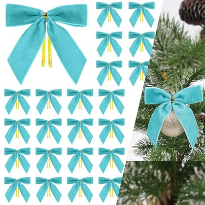 Blue Velvet Christmas Bows for Tree & Decorations - 24 pcs, 3.5x3.5 inch, Holiday Ornaments with Twist Ties - Blue