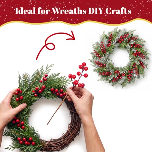 Artificial Red Berry Stems for Christmas Decorations, 6.5 Inch Holiday Wreaths & Arrangements - 40 Pack