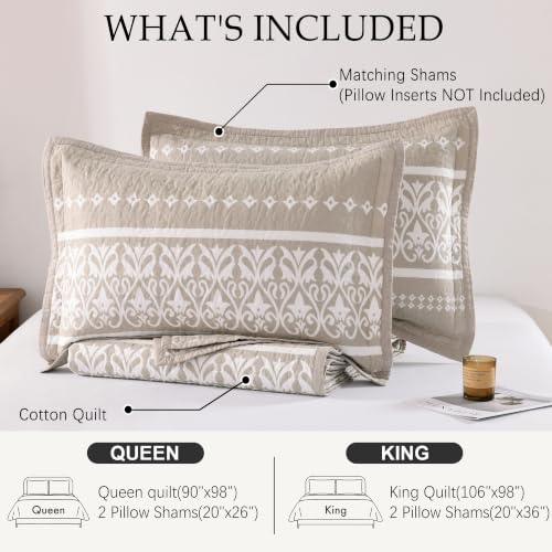 Boho King Quilt Set 100% Cotton Bedding with Pillow Shams - Beige