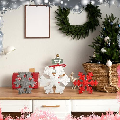 Wooden Snowflake Decor Set - Christmas Winter Holiday Ornaments - Gray & Red, Antique Style