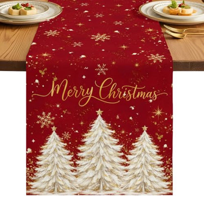 Christmas Tree Table Runner 72 Inches Long - Red Gold Beige Xmas Decor, Snowflake Sparkle Cotton Linen