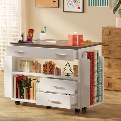 White Gift Wrap Storage Cart with Foldable Drop Leaf and Craft Organizer