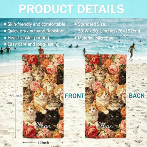 Personalized Beach Towel Cats 30x60 Custom Name Gift with US Variation