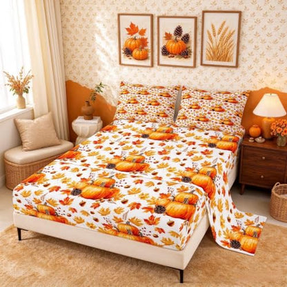Feelyou Fall Queen Bed Sheet Set for Kids & Adults - Orange White Variation