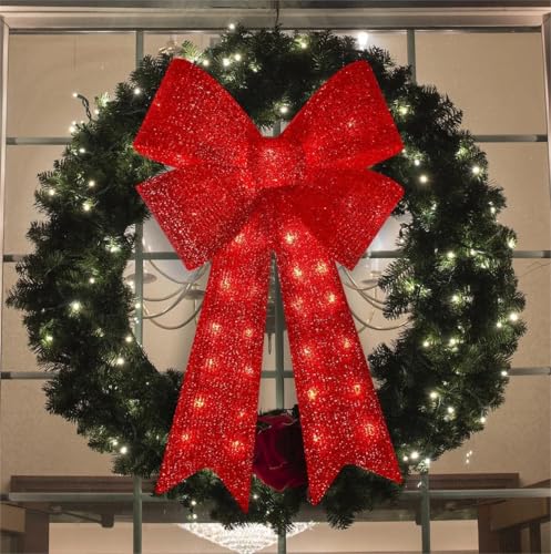 GLOWNOVA 48'' 126LED Christmas Wreath Bow with Glitter Red & Lights - Indoor Outdoor Decor