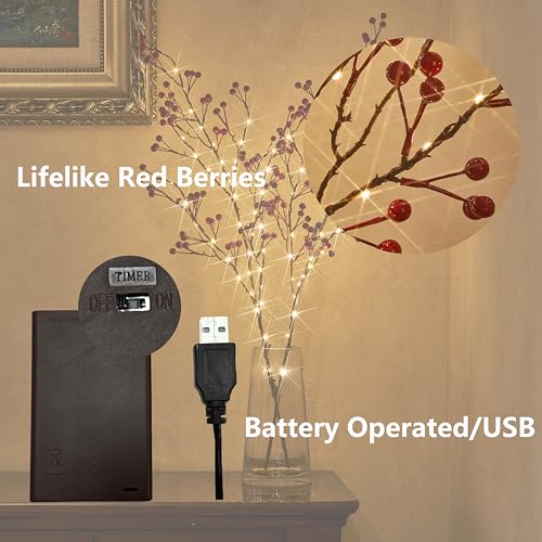 Lighted Red Berry Branches with Timer & Fairy Lights - Battery & USB Operated, 32 Inch Christmas Holiday Decor - Red Berry Variation