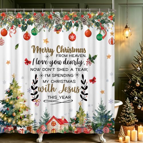 Christmas Shower Curtain with Xmas Tree & Holiday Quotes - Rustic Farmhouse Style, 72x72 Inches - Variation of THIS listing
