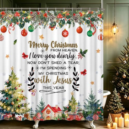 Christmas Shower Curtain with Xmas Tree & Holiday Quotes - Rustic Farmhouse Style, 72x72 Inches - Variation of THIS listing