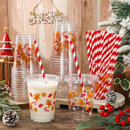 Christmas Plastic Cups with Lids & Straws - Gingerbread Man Design, 12oz, Pack of 50