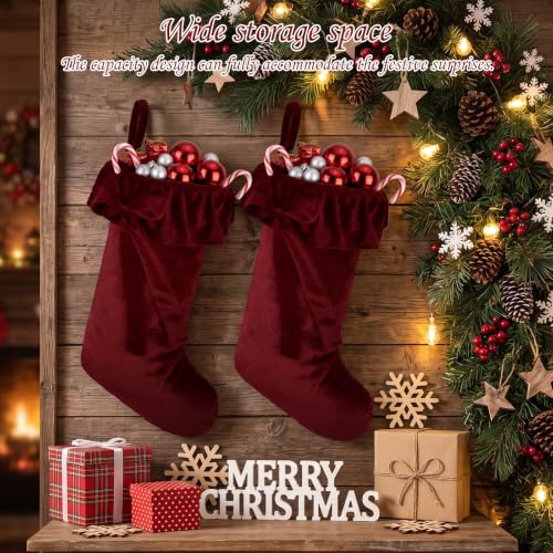 2PCS Extra Large Velvet Christmas Stockings 20 Inch Burgundy with Bow