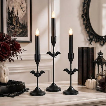Halloween Bat Candle Holders Set - Black Taper Candle Holders with 3 Sizes - Bat Variation