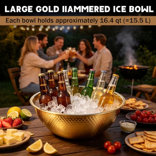 Gold Hammered Stainless Steel Beverage Tub Set - 2 Large 16.4 Qt Chiller Bins for Parties