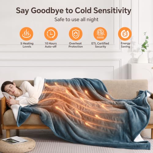 Electric Heated Blanket Twin Size 62x84 Blue - Safe, Soft & Machine Washable