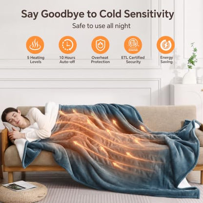 Electric Heated Blanket Twin Size 62x84 Blue - Safe, Soft & Machine Washable