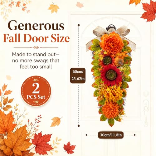 Fall Swags for Front Door - 23.6 Inch Autumn Wreath Set Orange Yellow - 2 Pieces